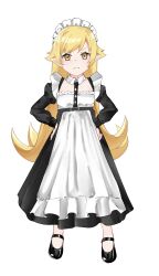 1girl annoyed apron black_dress black_shoes blonde_hair child closed_mouth dress eyebrows_hidden_by_hair eyelashes female_focus flat_chest full_body hands_on_own_hips long_sleeves looking_at_viewer maid maid_apron maid_headdress matching_hair/eyes meemz_a monogatari_(series) oshino_shinobu pointy_ears shoes simple_background solo standing thighhighs two-tone_dress vampire variant_set white_apron white_background white_dress white_thighhighs yellow_eyes