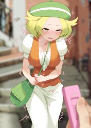 Rule 34 | 1boy, 1girl, absurdres, bag, beret, between breasts, bianca (pokemon), blonde hair, blurry, blurry background, breasts, breath, collarbone, commentary request, controller, discreet vibrator, dress, forced orgasm, green bag, green eyes, green headwear, hat, hetero, highres, implied vibrator, looking at viewer, lower teeth only, medium breasts, momihige, nintendo, open mouth, orange vest, outdoors, pokemon, pokemon bw, pov, pov hands, public indecency, public vibrator, remote control, remote control vibrator, sex toy, short hair, short sleeves, shoulder bag, solo focus, strap between breasts, teeth, tongue, trembling, vest, vibrator, vibrator under clothes, white dress, wireless sex toy controller