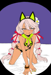 Rule 34 | 1girl, animal ears, bare shoulders, bikini, black bikini, blush, braid, breasts, chloe von einzbern, chloe von einzbern (swimsuit avenger) (second ascension), dark-skinned female, dark skin, doggystyle, fake animal ears, fate/grand order, fate (series), flower, green bikini, green nails, hair flower, hair ornament, hairband, highres, hmzeus, light blush, looking at viewer, low twin braids, multicolored bikini, naughty face, on bed, parted bangs, pink eyes, pink hair, red ribbon, ribbon, seductive smile, sex from behind, simple background, small breasts, smile, solo, swimsuit, thighs, tongue, tongue out, twin braids, two-tone bikini, white flower