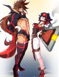 1boy 1girl abs arm_strap belt big_hair black_hair black_skirt brown_belt brown_hair bulge commentary corrupted_twitter_file cosplay costume_switch crossdressing crossover easterhands english_commentary fireseal foreshortening from_side garter_straps grin guilty_gear hair_over_one_eye headband high_heels highres holding holding_weapon kill_la_kill long_hair matoi_ryuuko multicolored_hair navel pants parted_lips pleated_skirt pointing_melee_weapon ponytail red_hair red_shoes scissor_blade_(kill_la_kill) senketsu shoes skirt smile smoke sol_badguy thighhighs two-tone_hair very_long_hair weapon weapon_switch white_pants