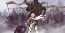 1girl 2_sensei 6+boys armor ass battle belt blue_scarf blurry blurry_background cape flag from_behind gauntlets helmet holster horseback_riding mina_(pixiv_fantasia_last_saga) multiple_boys outdoors pink_hair pixiv_fantasia pixiv_fantasia_last_saga riding scarf short_hair snowing white_cape
