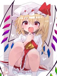 1girl ascot blonde_hair blush bobby_socks crystal fang flandre_scarlet frilled_shirt_collar frills hair_between_eyes hat heart looking_at_viewer mob_cap open_mouth puffy_short_sleeves puffy_sleeves red_eyes red_ribbon red_skirt red_vest ribbon shirt short_hair short_sleeves side_ponytail simple_background sitting skirt socks soesoe300 solo spread_legs touhou vest white_background wings yellow_ascot