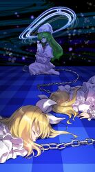 Rule 34 | 3girls, blonde hair, blonde stage 5 enemy (lotus land story), bow, chain, closed eyes, commentary, dress, english commentary, facing away, frilled dress, frills, from side, gingham, green eyes, green hair, hair bow, hair over one eye, hat, highres, holding, holding pocket watch, hugging object, kaigen 1025, kazami yuuka, kazami yuuka (pc-98), long hair, long sleeves, looking at viewer, looking to the side, lotus land story, lying, multiple girls, nightcap, nightgown, on stomach, oversized object, pocket watch, sitting, socks, star (symbol), touhou, touhou (pc-98), wariza, watch, white bow, white dress, white headwear, white nightgown, white socks, wide shot