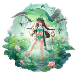 1girl :d ankle_flower arknights backpack_basket bare_legs bead_bracelet beads belt bikini bird bracelet brown_hair calligraphy choker cuora_(amongst_lotuses)_(arknights) cuora_(arknights) flower food frilled_bikini frills fruit full_body green_belt green_bikini green_eyes green_hair green_ribbon hair_between_eyes hair_flower hair_ornament hair_ribbon highres holding holding_leaf jacket jacket_over_swimsuit jewelry koi leaf leaf_on_head long_hair lotus lotus_leaf multi-tied_hair multicolored_hair necklace official_alternate_costume official_art open_mouth outdoors pagoda pink_flower pink_ribbon pond rain ribbon see-through_clothes see-through_jacket short_sleeves smile solo splashing standing strapless strapless_bikini streaked_hair studio_montagne swimsuit tassel thigh_strap third-party_source transparent_background tree turtle_girl twintails two-tone_hair wading water white_choker white_jacket wicker_basket