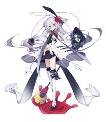 1girl absurdres aqua_eyes belt black_gloves black_skirt blue_bow boots bow bowtie breasts chuuko_anpu commentary_request crossed_bangs detached_sleeves double_bun dress eighth_note eleanor_forte female_focus forte_(symbol) gloves grey_bow hair_between_eyes hair_bun hair_ribbon highres holding holding_microphone_stand knee_boots long_hair looking_at_viewer microphone_stand musical_note official_art parted_lips pleated_skirt puffy_sleeves red_ribbon ribbon sidelocks simple_background skirt sleeves_past_wrists solo standing striped_bow synthesizer_v twintails two-tone_ribbon very_long_hair wax_seal wax_seal_hair_ornament white_background white_boots white_dress white_hair