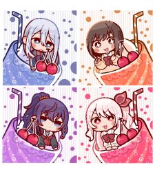+_+ 1other 25-ji_nightcord_de._(project_sekai) 3girls :3 :d akiyama_mizuki asahina_mafuyu blue_eyes blue_hair bow brown_eyes brown_hair cherry chibi closed_mouth cocktail collared_shirt commentary_request cup drinking_straw food fruit hair_between_eyes heart henyomen highres in_container in_cup long_hair long_sleeves looking_at_viewer multiple_girls open_mouth pink_eyes pink_hair ponytail project_sekai purple_eyes purple_hair red_bow redrawn sailor_collar shinonome_ena shirt short_hair sidelocks smile v-shaped_eyebrows yoisaki_kanade