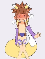 1girl aged_down anger_vein angry animal_ears bad_tag barefoot belt blush cosplay detached_sleeves digimon digimon_tamers embarrassed fake_animal_ears female flat_chest fox_ears fox_tail grey_background heavy_breathing highres loli makino_ruki medium_hair navel nipples nude orange_hair purple_eyes pussy renamon renamon_(cosplay) simple_background solo standing sweat tail thigh_gap thighs toei_animation topknot wristband