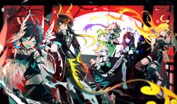 Rule 34 | 2boys, 4girls, absurdres, ahoge, alternate costume, blue eyes, blunt bangs, blurry, blurry background, brown hair, chinese commentary, crop top, fake horns, fiery hair, floating, formal clothes, friends, furina (genshin impact), genshin impact, glowing, glowing eyes, glowing hair, gradient hair, green hair, hair ornament, highres, horns, huge ahoge, leaning back, leaning to the side, long hair, long sleeves, looking at viewer, looking to the side, magicrabbit49586, mavuika (genshin impact), multicolored hair, multiple boys, multiple girls, nahida (genshin impact), navel, orange hair, purple eyes, purple hair, raiden shogun, raiden shogun (magatsu mitake narukami no mikoto), red eyes, short hair, side ponytail, sitting, standing, stomach, streaked hair, suit, tongue, two-tone hair, venti (genshin impact), zhongli (genshin impact)