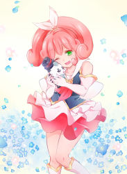 10s 1girl ;d boots brooch creature cure_mirage elbow_gloves flower gloves green_eyes hair_ribbon happinesscharge_precure! heart heart_brooch highres hug jewelry knee_boots magical_girl one_eye_closed open_mouth phanphan_(happinesscharge_precure!) phantom_(happinesscharge_precure!) pink_hair pink_skirt popped_collar precure queen_mirage ribbon shipu_(gassyumaron) short_hair skirt smile spoilers standing white_gloves