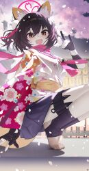 1girl absurdres animal_ear_fluff animal_ears black_gloves black_hair blue_archive blue_skirt brown_eyes colored_inner_animal_ears commentary_request fang floral_print floral_print_kimono fox_ears fox_girl fox_shadow_puppet fox_tail gloves hadanugi_dousa hair_ornament halo highres holster izuna_(blue_archive) japanese_clothes kimono kunai looking_at_viewer one_side_up open_kimono open_mouth partially_fingerless_gloves pink_halo pink_scarf pom_pom_(clothes) pom_pom_hair_ornament print_kimono rope scarf shimenawa short_hair skirt smile solo songchuan_li stirrup_legwear tail thigh_holster thighs tiptoes toeless_legwear toes weapon
