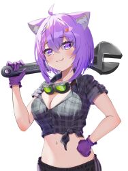 1girl :3 ahoge alternate_costume animal_ear_fluff animal_ears breasts cat_ears cat_girl cat_tail cleavage commentary_request gloves grey_shirt hand_on_own_hip highres holding holding_wrench hololive large_breasts midriff navel nekomata_okayu purple_eyes purple_gloves purple_hair shirt simple_background smug solo tail tied_shirt torakichi_888 variant_set virtual_youtuber white_background wrench