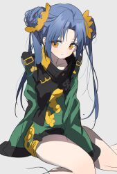1girl arm_at_side between_legs blue_hair chinese_clothes chu_yeon closed_mouth commentary curtained_hair cyborg double_bun dress expressionless green_dress grey_background hair_bun hair_ornament hair_scrunchie hand_between_legs highres invisible_chair kikokugai kong_ruili long_hair long_sleeves looking_at_viewer microdress popped_collar scrunchie simple_background sitting sleeves_past_fingers sleeves_past_wrists solo symbol-only_commentary thighs twintails wariza yellow_scrunchie