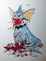 blood blood_on_face commentary english_commentary evil_smile fins furrowed_brow gen_1_pokemon hat highres marker_(medium) nintendo no_humans poke_ball poke_ball_(basic) pokemon pokemon_(creature) pool_of_blood ryan_ottley signature smile traditional_media vaporeon
