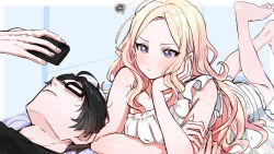 1boy 1girl :t bare_legs barefoot black-framed_eyewear black_hair blonde_hair blush cellphone commentary_request fingernails gakuen_idolmaster glasses hand_on_own_cheek hand_on_own_face holding holding_phone idolmaster juo_sena kasasagi_(futagodori888) looking_at_another lying on_back on_stomach phone producer_(idolmaster) squiggle