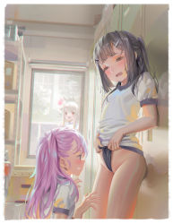 3girls ^^^ absurdres alphonse_(white_datura) black_hair blue_buruma buruma kodomo_doushi chloe_von_einzbern cleft_of_venus clenched_teeth fate/kaleid_liner_prisma_illya fate_(series) frontal_wedgie gym_uniform hair_ornament hairclip highres illyasviel_von_einzbern indoors loli long_hair looking_at_another miyu_edelfelt multiple_girls open_mouth pink_hair red_eyes short_sleeves smile standing teeth wavy_mouth wedgie white_hair yuri