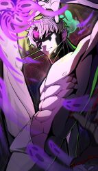 Rule 34 | 1girl, 2boys, abs, ayase momo, closed mouth, dandadan, earrings, enjoji jin, evil eye (dandadan), ghost, glowing, glowing eyes, highres, ib suikaume, jewelry, leg up, looking at viewer, male underwear, motion lines, multiple boys, muscular, muscular male, possessed, pov, pov hands, purple eyes, short hair, takakura ken (dandadan), takakura ken (transformed) (dandadan), telekinesis, third eye, topless male, underwear, white male underwear