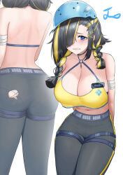 Rule 34 | 1girl, ass, bandaged arm, bandages, bare shoulders, bicycle helmet, black hair, blonde hair, blue eyes, blush, braid, breasts, fragile (nikke), from behind, goddess of victory: nikke, hair over one eye, helmet, highres, large breasts, long hair, looking at viewer, multicolored hair, multiple views, noorung, panties, pants, pantylines, pantyshot, shy, sports bra, tight clothes, tight pants, twin braids, two-tone hair, underwear