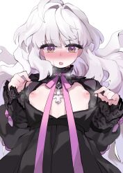 1girl black_dress blush breasts commentary_request dress grey_hair highres korean_commentary looking_at_viewer lt mabinogi multicolored_eyes purple_hair purple_ribbon ribbon rowan_(mabinogi) simple_background small_breasts solo two-tone_eyes yellow_eyes