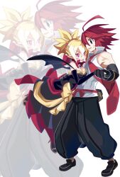 Rule 34 | 1boy, 1girl, adell (disgaea), black dress, black pants, black shoes, blush, breasts, cleavage, couple, demon boy, demon girl, demon wings, disgaea, dress, dress shirt, highres, holding hands, makai senki disgaea 2, necktie, pants, red eyes, red hair, red necktie, rozalin, scar, shirt, shoes, spiked hair, sweatdrop, touya (adgjmpjpag), white background, white shirt, wings, zoom layer