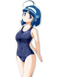 1girl ahoge arms_behind_back bare_arms bare_legs bare_shoulders blue_hair blue_one-piece_swimsuit blush breasts closed_mouth collarbone commentary covered_navel cowboy_shot cut_bangs drop_shadow hairband highres kaitou_tenshi_twin_angel kannazuki_aoi large_breasts legs_together looking_at_viewer macla one-piece_swimsuit purple_eyes school_swimsuit short_hair simple_background sleeveless solo standing swimsuit tareme twin_angel wet wet_hair white_background white_hairband