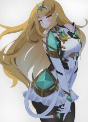 1girl arm_guards ass bare_shoulders black_pantyhose blonde_hair blush breasts chest_jewel dress earrings elbow_gloves exchampion12 floating_earring gloves half-closed_eyes highres jewelry large_breasts long_hair microdress mythra_(massive_melee)_(xenoblade) mythra_(xenoblade) neon_trim pantyhose pout suspenders swept_bangs thigh_strap tiara v-shaped_eyebrows very_long_hair white_dress white_gloves xenoblade_chronicles_(series) xenoblade_chronicles_2 yellow_eyes