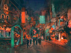 6+others building city dkaism doorway entrance full_body limited_palette multiple_others neon_lights night original outdoors painterly road sidewalk sign silhouette skeletal_arm street walking