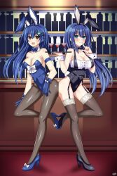 2girls animal_ears bare_shoulders black_leotard blue_eyes blue_gloves blue_hair blue_leotard breasts brown_eyes clover_hair_ornament crossover cup date_a_live drinking_glass engage_kiss fake_animal_ears garter_straps genderswap genderswap_(mtf) gloves hair_ornament high_heels highres indoors itsuka_shiori large_breasts leotard lewdkuma long_hair looking_at_viewer medium_breasts multiple_girls open_mouth pantyhose playboy_bunny rabbit_ears smile wrist_cuffs yuugiri_ayano