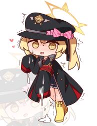 Rule 34 | 1girl, :d, @ @, armband, black dress, black hat, blonde hair, blue archive, blush, chibi, chibi only, collared shirt, commentary request, dress, hair between eyes, halo, hana kazari, hat, heart, highres, ibuki (blue archive), jacket, long hair, long sleeves, looking at viewer, neck ribbon, nose blush, open clothes, open jacket, open mouth, peaked cap, pleated dress, red ribbon, revision, ribbon, shirt, simple background, sleeves past fingers, sleeves past wrists, smile, solo, suggestive fluid, trembling, twintails, white background, white shirt, zoom layer