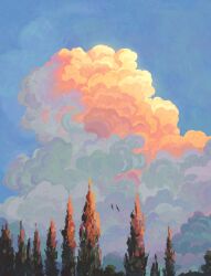 absurdres bird blue_sky cloud cloudy_sky cumulonimbus_cloud evening fangpeii highres no_humans original outdoors scenery sky tree