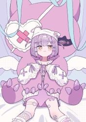 Rule 34 | 1girl, absurdres, blush, cardigan, chest harness, closed mouth, commentary request, gauze on knee, hair ornament, hairclip, harness, hat, highres, looking at viewer, multicolored hair, purple hair, purple shirt, shimoyake (lethal penguin), shinomiya runa, shinomiya runa (4th costume), shirt, sitting, solo, streaked hair, stuffed animal, stuffed toy, t-shirt, thigh strap, two-tone hair, virtual youtuber, vspo!, white cardigan, white hair, white hat, yellow eyes