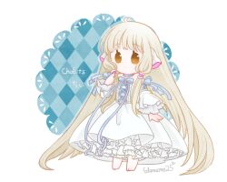 1girl animal_ears blonde_hair bloomers blue_choker blue_ribbon bow brown_eyes chibi chibi_only chii chobits choker classic_lolita commentary_request dress edamame_(edame025) frilled_dress frills hair_tubes highres lolita_fashion long_hair off-shoulder_dress off_shoulder persocom_(chobits) ribbon robot_ears solid_oval_eyes solo standing underwear very_long_hair white_background white_bloomers white_dress