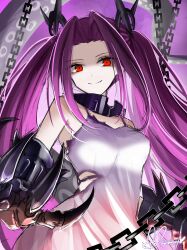 1girl adventure_galley_(azur_lane) azur_lane black_gauntlets breasts chain claws closed_mouth collar dress hisin looking_at_viewer medium_breasts metal_collar parted_bangs purple_hair red_eyes signature sleeveless sleeveless_dress smile solo suction_cups tentacles torn_clothes torn_dress twintails upper_body white_dress