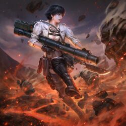 1girl black_gloves black_hair capcom devil_may_cry_(series) devil_may_cry_5 fingerless_gloves francis_tneh gloves goggles goggles_around_neck highres holding holding_rocket_launcher holding_weapon jacket kalina_ann_(weapon) lady_(devil_may_cry) official_art rocket_launcher shirt teppen third-party_source weapon white_jacket white_shirt