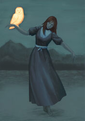1girl animal_on_arm belt_around_waist bird bird_on_arm black_dress chibi cuicuisausage dress elizabeth_eilander half-closed_eyes highres hill limited_palette long_hair mountainous_horizon outstretched_arms owl red_hair rusty_lake walking walking_on_liquid