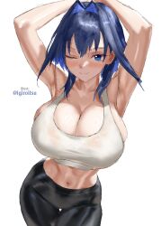 armpits arms_up blue_eyes blue_hair breasts cleavage highres hololive hololive_english huge_breasts igiroitsu midriff navel one_eye_closed ouro_kronii pants sideboob sports_bra virtual_youtuber white_sports_bra yoga_pants