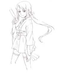 1girl adapted_uniform female_focus greyscale japanese_clothes miko monochrome nyaou ofuda original solo thighhighs zettai_ryouiki
