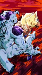 Rule 34 | 2boys, alien, battle, blonde hair, blood, blood on arm, blood on face, blue shirt, clenched hands, clenched teeth, colored skin, commentary request, dragon ball, dragonball z, flying, frieza, full power frieza, green eyes, highres, male focus, medium hair, multiple boys, muscular, muscular male, nishitakuart, open mouth, orange pants, pants, punching, red background, shirt, smear frame, son goku, spiked hair, super saiyan, super saiyan 1, teeth, torn clothes, torn shirt, white skin