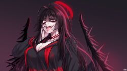 1girl absurdres antenna_hair black_nails black_serafuku black_wings blood blood_halo blue_archive breasts choker chromwhite cleavage commentary_request halo highres huge_breasts liquid_halo neckerchief pale_skin red_choker red_eyes red_neckerchief school_uniform serafuku solo tongue tongue_out tsurugi_(blue_archive) wings