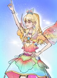 Rule 34 | 1girl, :d, aikatsu!, aikatsu! (series), aqua dress, arm up, blonde hair, blue gemstone, blue sky, bracelet, caustics, chinese commentary, cowboy shot, day, dress, earrings, fairy wings, gem, gradient clothes, gradient dress, hand on own hip, highres, hoshimiya ichigo, idol, idol clothes, index finger raised, jewelry, layered dress, long hair, medium dress, multicolored wings, necklace, open mouth, pink dress, pink wings, print dress, procreate (medium), qiu ji, red eyes, red wings, seashell, see-through clothes, see-through sleeves, shell, short sleeves, sky, smile, solo, standing, thighlet, tiara, wings, yellow sleeves, yellow wings