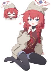 1girl :o absurdres animal_hat beanie black_pantyhose black_shirt blue_archive blue_eyes blue_shorts braid brown_headwear brown_jacket cat_hat chibi chibi_inset flying_sweatdrops hagoonha hair_over_shoulder halo hat heart highres jacket layered_clothes looking_at_viewer maki_(blue_archive) maki_(camp)_(blue_archive) multiple_views no_shoes off_shoulder open_clothes open_jacket open_mouth pantyhose pantyhose_under_shorts print_sweater red_hair red_sweater shirt shorts simple_background sitting sweater turtleneck turtleneck_shirt twin_braids v-neck white_background white_shirt