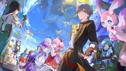 aglaea_(honkai:_star_rail) black_gloves black_tiara bug butterfly butterfly_ornament caelus_(honkai:_star_rail) castorice_(honkai:_star_rail) character_request cipher_(honkai:_star_rail) dan_heng_(honkai:_star_rail) ere_chip fingerless_gloves gloves grey_hair highres honkai:_star_rail honkai_(series) insect long_hair short_hair tiara trailblazer_(honkai:_star_rail) yellow_eyes