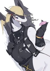 1girl bed_sheet black_fur black_gloves black_vest blonde_hair blue_eyes body_fur breasts broken_condom condom dragon_girl furry furry_female genderswap genderswap_(mtf) gloves highres hufy korean_text large_breasts legendz lying on_side ponytail ranshiin_(legendz) sabotaged_condom simple_background sweat translation_request vest white_background white_fur