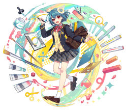 1girl bag black_jacket blazer blue_hair bow bowtie breasts brown_bag brown_shoes cardigan chalk commentary_request eraser full_body gold_trim grey_skirt hair_ornament hand_up head_tilt highres holding holding_stylus inkwell jacket loafers looking_at_viewer magnifying_glass manga_(object) marker medium_breasts notebook nou_(nounknown) open_clothes open_jacket open_mouth original paint paint_can paint_tube paintbrush pen pencil pencil_case personification petals plaid_clothes plaid_skirt pleated_skirt rainbow red_bow red_bowtie red_eyes school_bag scissors shoes short_hair simple_background skirt smile socks solo stylus tablet_pc teeth upper_teeth_only white_background white_socks yellow_cardigan