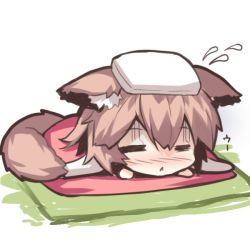 1girl :&lt; animal_ears blush brown_hair chibi closed_eyes closed_mouth facing_viewer female_focus flying_sweatdrops fox_ears fox_girl fox_tail futon hair_between_eyes lying nose_blush on_stomach original sick solo tail towel towel_on_head under_covers yuuji_(yukimimi)
