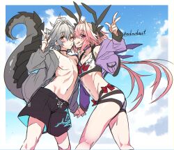 2boys ? alternate_costume ass astolfo_(fate) astolfo_(memories_at_trifas)_(fate) blush bow cheek_squash choker cloud cloudy_sky collarbone commentary_request day dragon_tail eyes_visible_through_hair fate/apocrypha fate_(series) feet_out_of_frame grey_hair hair_between_eyes haoro highres jacket long_hair long_sleeves looking_at_viewer male_focus midriff multicolored_hair multiple_boys navel outdoors pectoral_cleavage pectorals pink_eyes pink_hair shorts sieg_(fate) sky speech_bubble spoken_question_mark standing stomach streaked_hair swimsuit tail tongue tongue_out trap two-tone_hair v white_hair