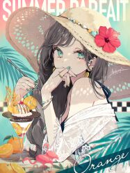 1girl akakura bare_shoulders bird blush brown_hair chocolate commentary_request cream dress earrings elbows_on_table english_text fingernails flamingo flower food fruit glass green_eyes green_nails hand_on_own_chin hat highres ice_cream jewelry leaf light_blush light_smile long_hair looking_at_viewer nail_polish orange_(fruit) original parfait red_flower revision ring shirt sitting smile solo spoon sundress table upper_body white_shirt