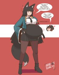 2girls absurdres animal_ears arbrianarchy artist_name belly big_belly black_necktie black_pantyhose blunt_bangs closed_eyes commentary commission english_commentary english_text fox_ears fox_tail full_body heart highres hoshimi_miyabi long_hair multiple_girls navel necktie open_clothes outie_navel pantyhose pregnant shadow speech_bubble stomach tail very_long_hair zenless_zone_zero zhu_yuan