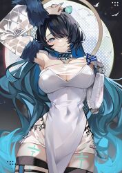 1girl absurdres animal_ears aqua_hair aqua_nails arm_up armpits bikini black_hair blue_eyes body_markings breasts choker cleavage collarbone colored_inner_hair commentary commission covered_navel cowboy_shot cross-laced_clothes cross-laced_shorts curly_hair detached_sleeves dress erina_makina fingernails fur-trimmed_sleeves fur_trim hair_over_one_eye halo halo_behind_head hand_on_own_head head_tilt highres large_breasts lips long_hair looking_at_viewer mechanical_arms mechanical_hands multicolored_hair pelvic_curtain phase_connect see-through_cleavage see-through_clothes see-through_sleeves shafpng shorts shorts_under_dress single_detached_sleeve single_mechanical_arm single_mechanical_hand skeb_commission smile solo strapless strapless_dress swept_bangs swimsuit thigh_strap tiger_ears tiger_girl very_long_hair virtual_youtuber white_dress