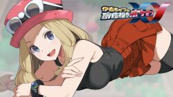 1girl bare_shoulders black_shirt black_thighhighs blue_eyes breasts brown_hair eyewear_on_headwear hat highres itolife long_hair lying medium_breasts mega_ring nintendo on_stomach pink_hat pokemon pokemon_xy red_skirt serena_(pokemon) shirt skirt solo thighhighs