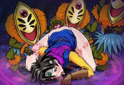 1girl 3boys absurdres ahegao all_fours anal anal_object_insertion ass barefoot blue_background blue_tunic body_writing bottomless brown_eyes brown_gloves brown_hair character_request circlet colored_skin commentary_request dragon_quest dragon_quest_iii gem gloves grass_skirt green_gemstone green_skin heroine_(dq3) highres holding holding_pen magic_circle mask midori_(bar_midori) motion_lines multiple_boys object_insertion ofuda pen pink_scarf rolling_eyes roto_(dq3) scarf short_hair silver_circlet spiked_hair tongue tongue_out translation_request tunic yellow_sleeves